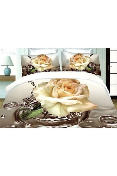 OEM Double bed linen, 3D white rose print in water, 4 pieces, 2 persons, 220x240cm, Satin Cotton, Beige