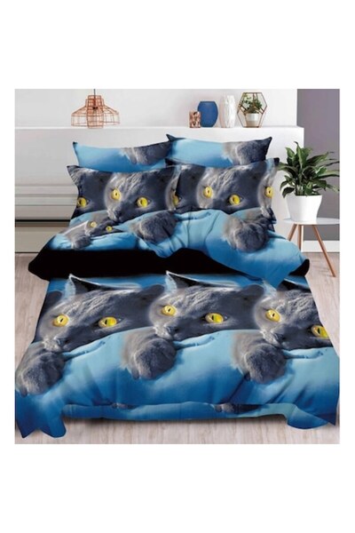 OEM Set lenjerie de pat dublu, 6 piese, imprimeu 3D cu pisică, 2 persoane, 24...