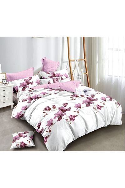 Pucioasa Double Bed Sheet Set, Pucioasa, Finet, 6 Pieces, 2 Persons, Magnolia Print, 245x250cm, White-Lilac