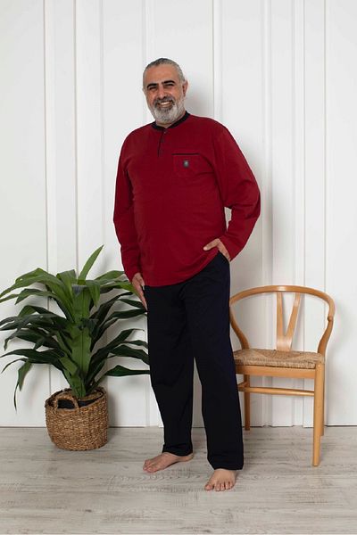 KAPİTEX Plus Size Long Sleeve Six Pocket Burgundy Color Men's Pajama Set