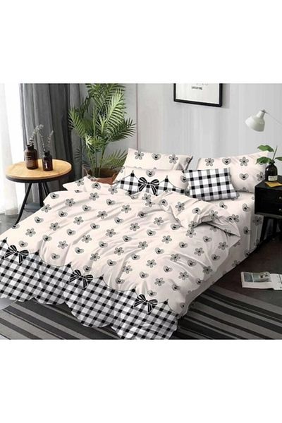 OEM Double Bedding Set, Floral and Checkered Print, 2 Persons, 6 Pieces, Finet, 220x230cm, Multicolor
