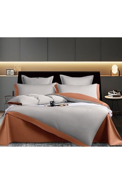 OEM Lenjerie de pat, Bicolor, Imitatie Matase, 2 persoane, 6 piese, 230x245cm, Gri-Caramiziu