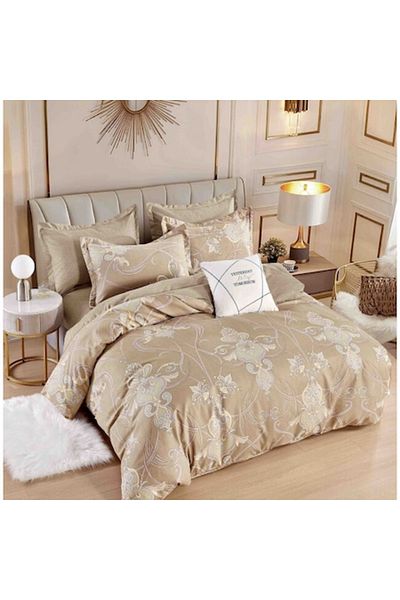 JOJO HOME Lenjerie de pat, Jojo Home, 6 piese, 2 persoane, 245x250cm, Imprimeu Elegant, Finet Superior, Bej Nu