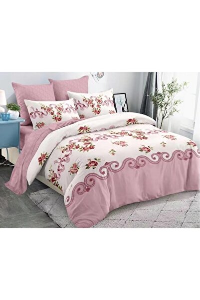 OEM Set lenjerie de pat dublu, Finet, 6 piese, model floral, 230x250cm, alb-roz