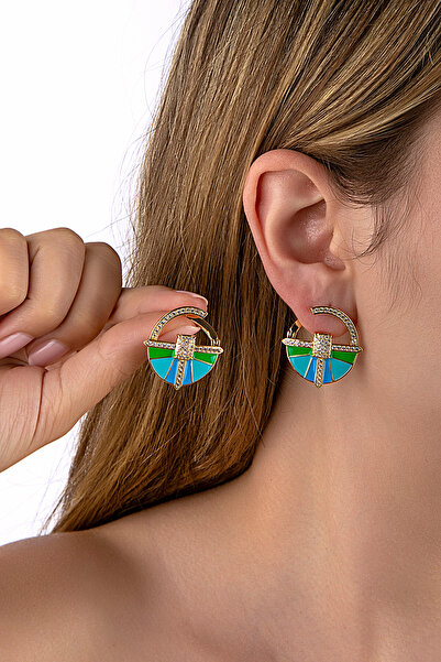 innuendo jewelery Gold Colored Blue Enamel Ethnic Design Snap Earrings