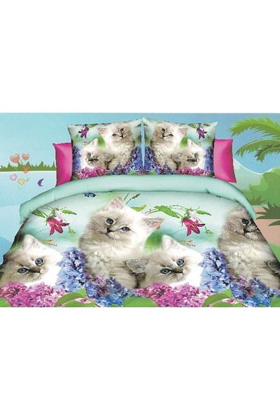 OEM Double Bed Linen, 3D Print with Cats and Flowers, 4 Pieces, for 2 People, 220x240cm, Satin Cotton, M