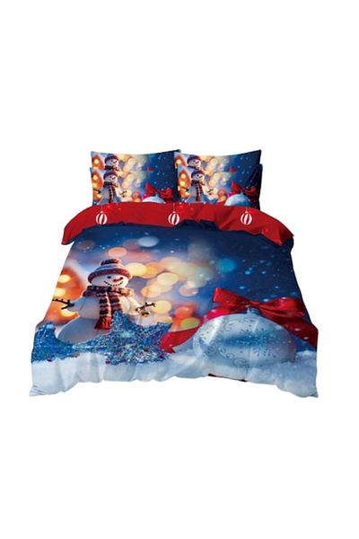 OEM Lenjerie de pat Finet, Imprimeu Festiv Crăciun, Om de Zăpadă, 6 piese, 2 persoane, 240x250cm, Mul