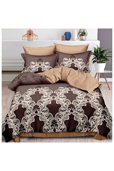OEM Double bed linen, Lace print, 6 pieces, 2 persons, 180x200cm, Fine Satin, Beige-Brown