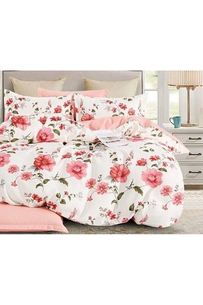 OEM Set de lenjerie de pat dublă, imprimeu floral, cearșaf reversibil, 6 piese, 2 persoane, 230x245cm, Finet, White-Pin