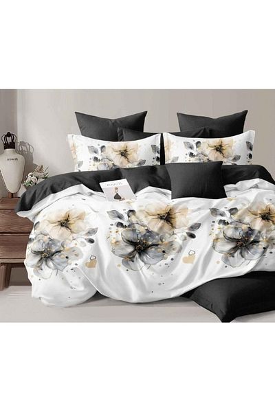 OEM Lenjerie de Pat Dublu, Imprimeu Floral, Cearsaf Reversibil, 6 piese, 2 persoane, 230x245cm, Finet, A