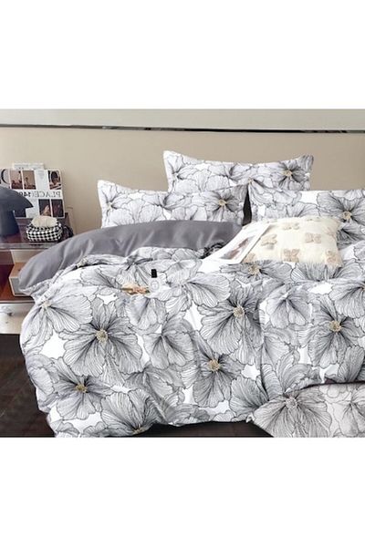 OEM Double Bed Sheet Set, 6 Pieces, 240x250cm, Satin Cotton Material, Floral Print, White-Grey