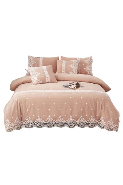 OEM Elegant Bedding Set, Fine Cotton Lace, 6 Pieces, 2 Persons, 180x200cm, Bicolor, White-Peach