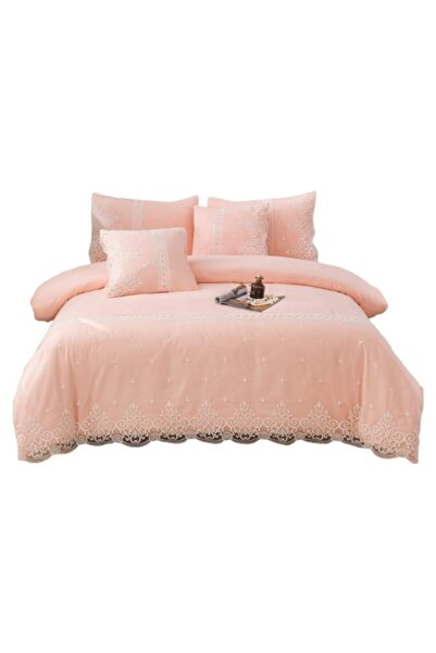 OEM Elegant bed linen set, fine cotton lace, 6 pieces, double bed, 180x200cm, two-tone white-salmon