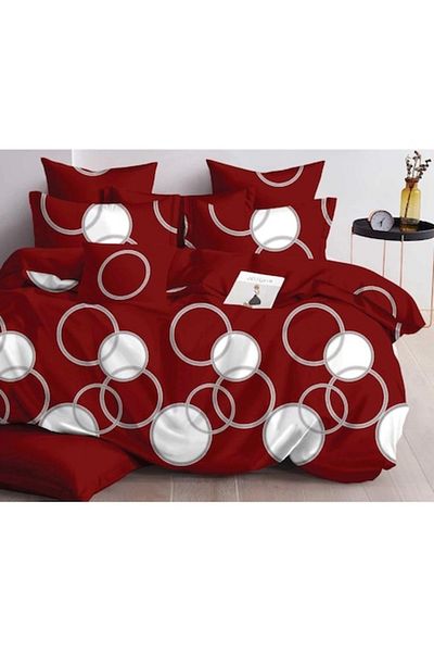OEM Double Bed Linen, Reversible Sheet, 6 Pieces, for 2 People, 230x245cm, Finet, Circle Print, Bordeaux