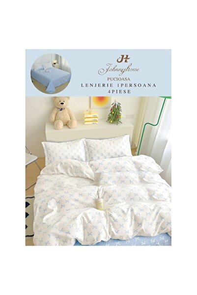 OEM Lenjerie pat, Imprimeu Fundite, 4 piese, 1 persoana, 155x220cm, Finet Satinat, Alb-Albastru