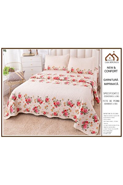 OEM Cuvertura de pat, Bumbac si IN, 3 piese, 2 persoane, 230x250cm, Imprimeu Trandafiri, Multicolor