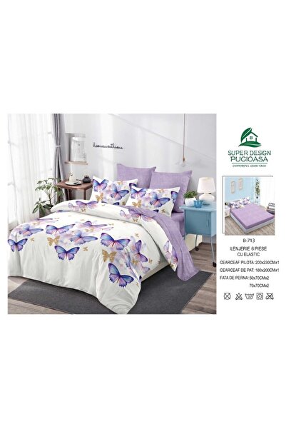 OEM Double bed linen, butterflies, reversible, 6 pieces, 2 persons, 180x200cm, Finet, lilac-white