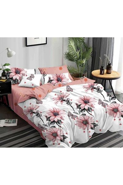 Pucioasa Double Bed Linen Set, Pucioasa, Finet, 6 Pieces, Gerbera Print, 245x250cm, White-Pink