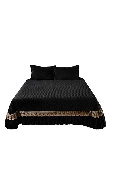 JOJO HOME Bedspread and 2 pillowcases, Velvet, 2 persons, 3 pieces, Uni, 220X240cm, Black