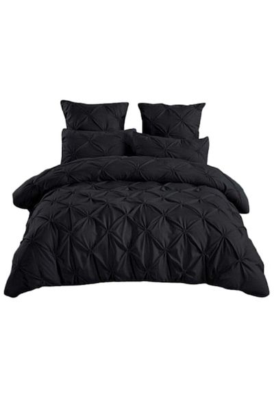 OEM Lenjerie de pat luxoasă, culoare uni, pliseuri brodate, 6 bucăți, finețe, 235x240cm, negru