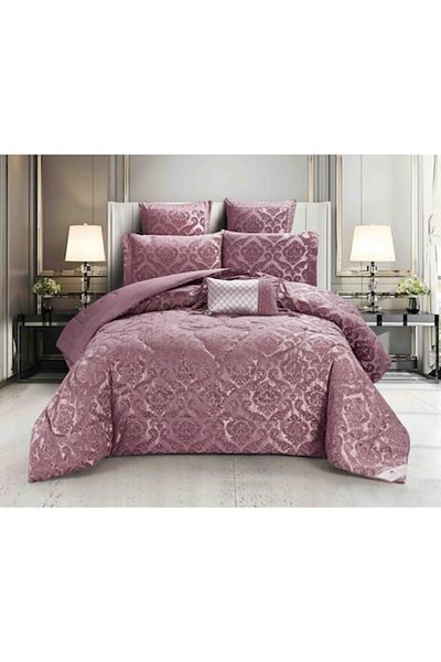 JOJO HOME Lenjerie de pat dublu, Jojo Home, Jacquard de Lux, 7 piese, 2 persoane, 180x200cm, Roz Inchis