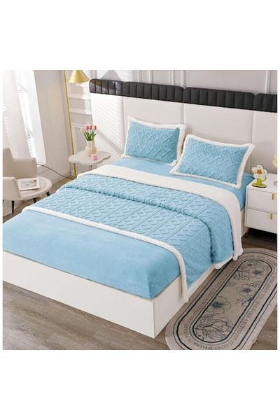 OEM Lenjerie cu blanita, model tricotat cu elastic, 180x200 cm, albastru-alb