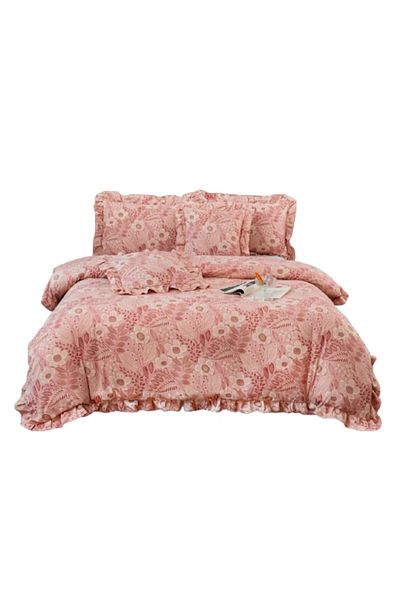 OEM Luxury Bed Linen, Cotton, Flounces, Coral Floral Print, 6 Pieces, for 2 Persons, 180x200cm