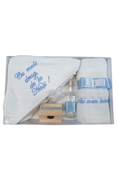 OEM Trusou pentru botez, 'Cu mult drag de la Nasi', 7 piese, Bleu cu pietre