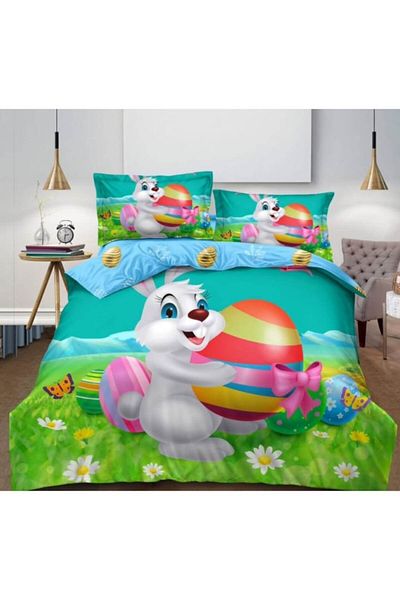 OEM Set de lenjerie de pat, Finet, 4 piese, 2 persoane, 230x250cm, Paște fericit M7, multicolor