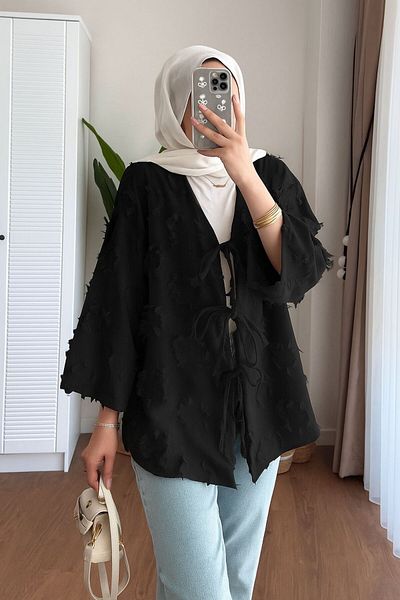 RFK Butik Women's Tasseled Front Tie Linen Kimono Black