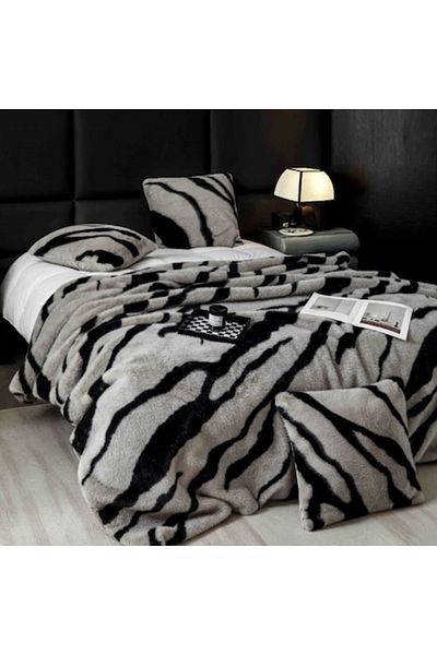JOJO HOME Blanket and Pillowcases, Lux Model, Faux Mink Fur, Bicolor, 3 Pieces, 200x230cm, Black-Grey
