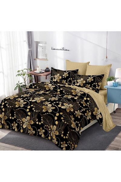 OEM Lenjerie de pat, Finet, 6 piese, 2 persoane, Imprimeu Flori Galbene, 230x250cm, Negru-Galben