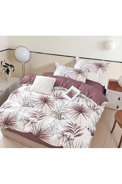 OEM Bed Linen Set, Palm Leaf Print, 4 Pieces, Single Person, 155x220cm, Finet Satin, White-Brown