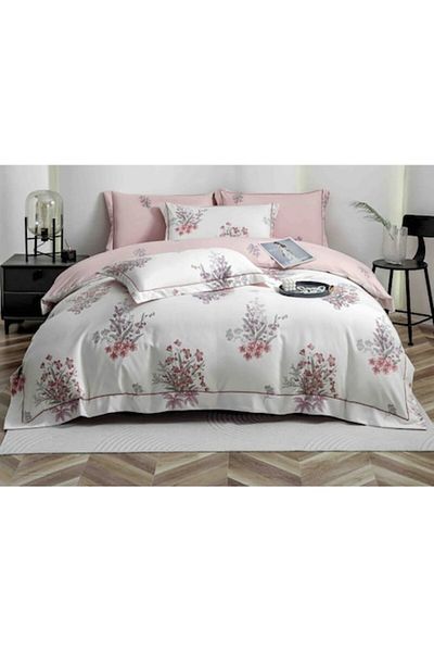 OEM Luxury Bedding Set, Jojo Home, Fine Cotton, 6 Pieces, 2 Persons, 180x200cm, Floral Print, White-Pink