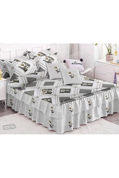 Pucioasa Double Bed Set with Ruffled Sheet, Pucioasa, Finet, 6 Pieces, Geometric Prints, 200x230cm