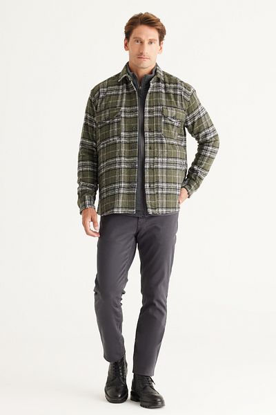 AC&Co / Altınyıldız Classics Ανδρικό χειμωνιάτικο μπουφάν χακί Oversize με γιακά καρό με κουμπιά
