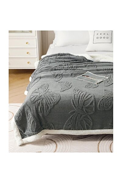 OEM Fur Blanket, Cocolino, Elegant 3D Butterflies, 200x230cm, Dark Grey