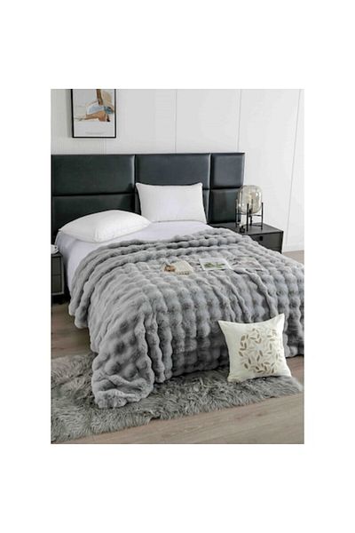 JOJO HOME Patura Model Lux, Blana Artificiala Iepure, cu Fermoar, 200x230cm, Gri Deschis