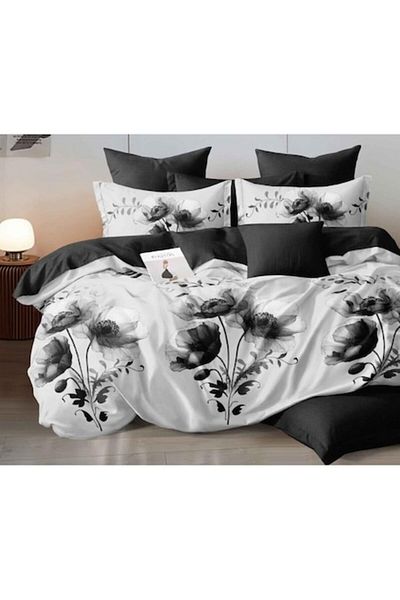 OEM Double Bed Linen Set, Reversible Sheet, Floral Print, 6 Pieces, for 2 People, 230x245cm, Finet, Whit