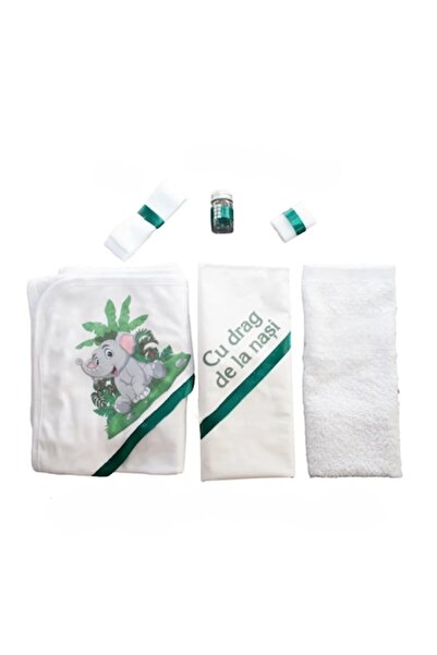 OEM Trusou Botez Baieti, 6 piese, Cu drag de la Nasi, Elefant, Alb-Bej