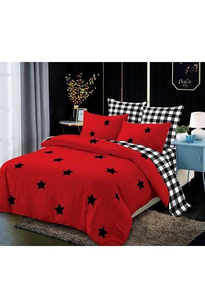 OEM Lenjerie de Pat, Finet, 4 piese, 1 persoana, 160x200cm, Imprimeu Stele, Rosu-Negru
