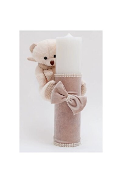 OEM Lumânare de botez, catifea și ursuleț de pluș, 30x7cm, bej