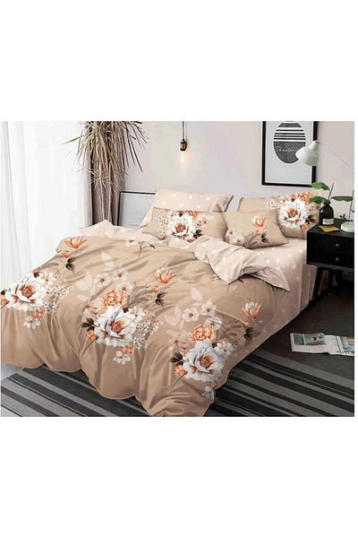 OEM Double Bed Linen Set, 6 Pieces, 245x250 cm, Floral Design on Beige Background