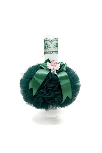 OEM Λαμπάδα Βάπτισης, Τούλι, Ρητίνη Άγγελος, 35x5εκ., Σμαραγδί Πράσινο