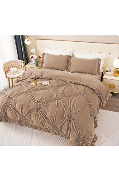 OEM Double Bed Linen, Uni, Embroidered Hearts Model, 6 Pieces, Finet, 230x250cm Coffee with Milk