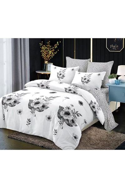 OEM Double Bed Linen Set, Spring, Elastic Sheet, 6 Pieces, 2 Persons, 180x200cm, Finet, Mini Bouquet, Wh