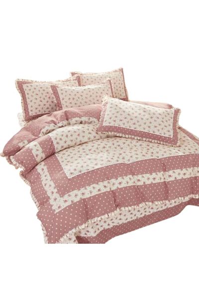 OEM Luxury Bedding Set with Ruffles, 4 Pieces, 230x250cm, Floral Print, Ivory-Pink