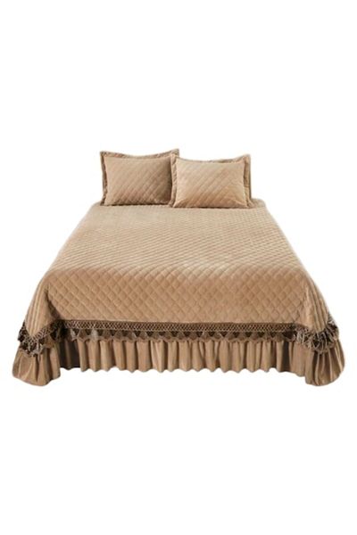 JOJO HOME Cuvertura si 2 fete de perna, Catifea Matlasata si Broderie Aurie, Jojo Home, 3 piese, 2 persoane, U