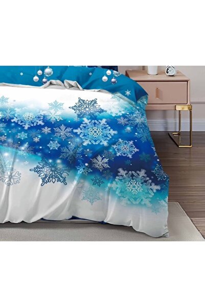 OEM Lenjerie de pat, Finet, festiv de Crăciun, Fulgi de zăpadă, 6 piese, 240x250cm, Alb-Albastru