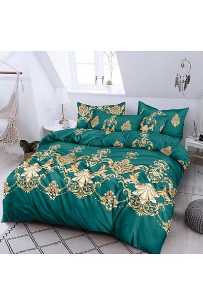 OEM Double Bed Linen Set, 6 Pieces, 2 Persons, 220x235cm, Finet, Elegant Print, Emerald Green-Beige